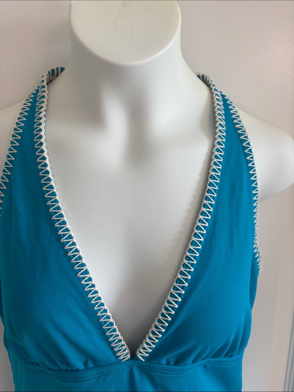 La Blanca by Rob Beattie size 12 Women's Teal Halter one piece suit white trim - Picture 2 of 12